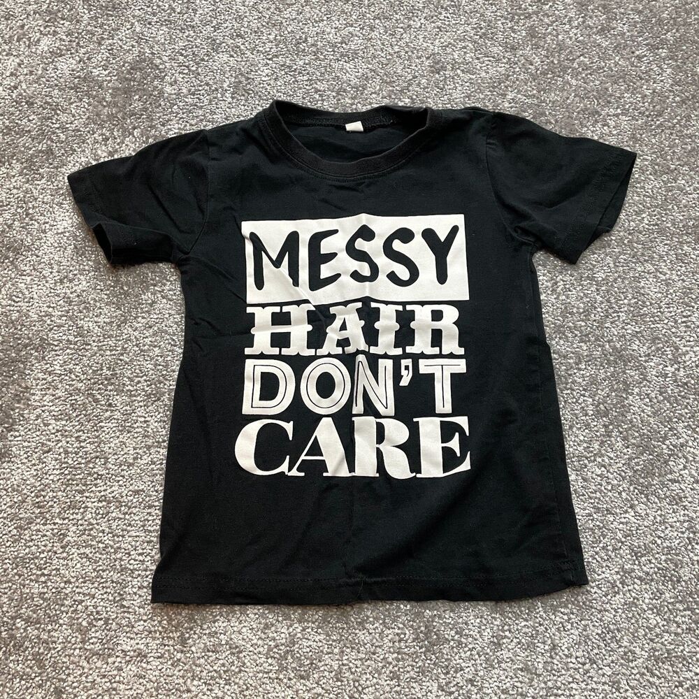 Unbranded Shirt Kids Toddlers 5T Black Short Sleeve Messy Hair Don't Care Funny